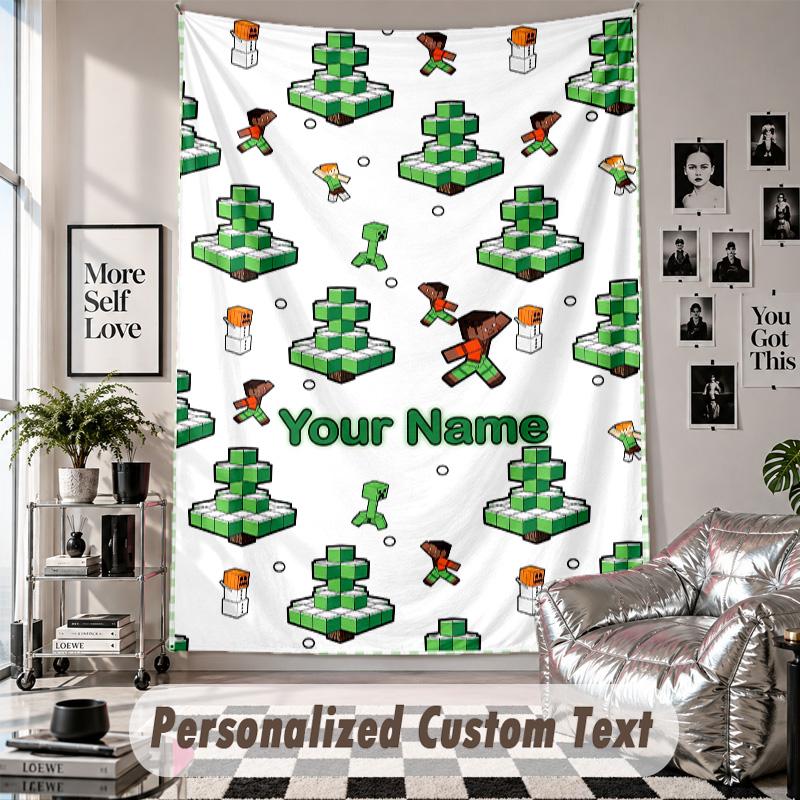 Wall Hanging Tapestry With Custom Name & Text, Minecraft Decorative Tapestry For Bedroom