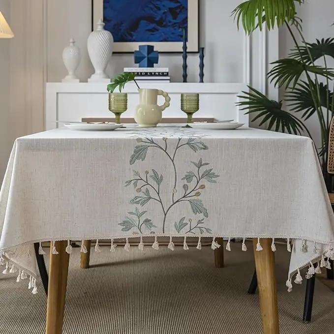 Embroidery Tablecloths Dust Proof Table Cover, Embroidery Flower Tassels Pattern Table Cloths,For Dinning Party Wedding Decor
