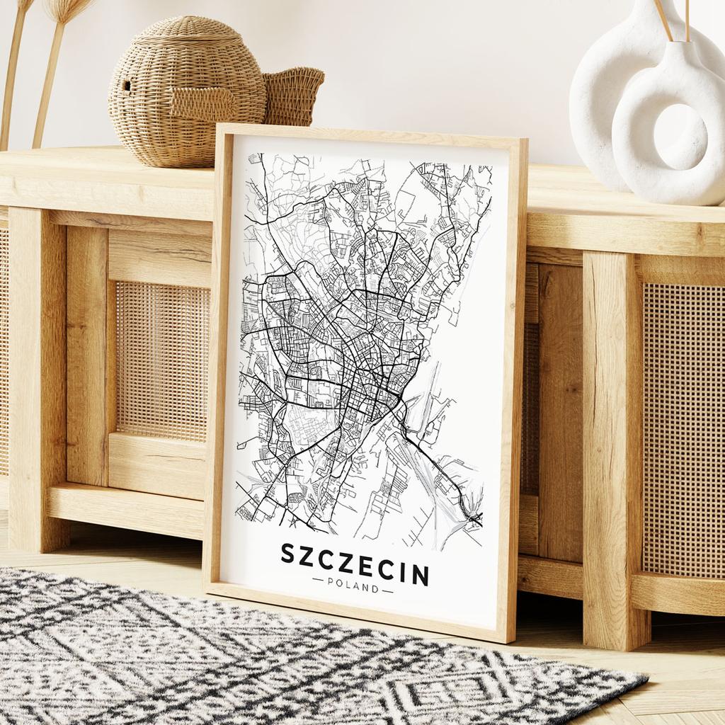 Plakat plan miasta Szczecin czarnobiały