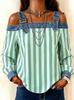 1116 New denim spliced off-shoulder top, adjustable suspender striped long-sleeved loose casual shirt