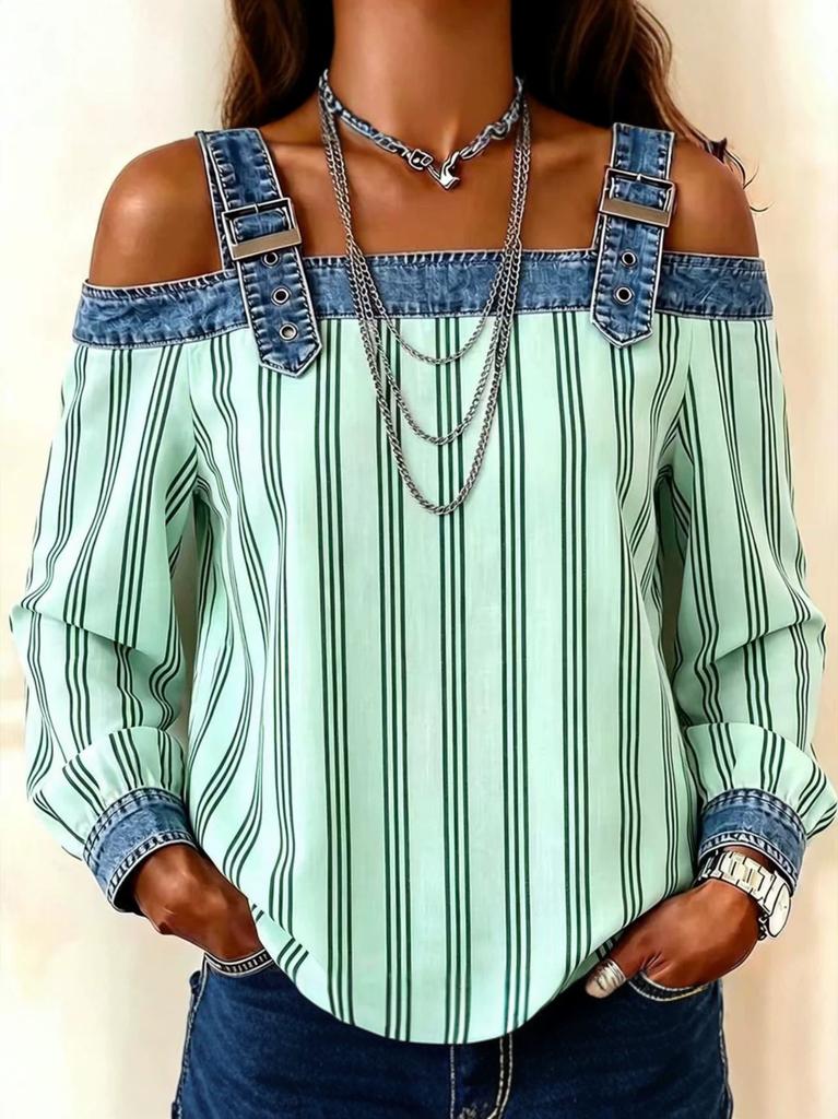 1116 New denim spliced off-shoulder top, adjustable suspender striped long-sleeved loose casual shirt