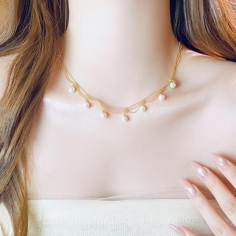 

French Retro Lace Tassel Necklace with Imitation Pearls - Elegant High-End Clavicle Chain золотой