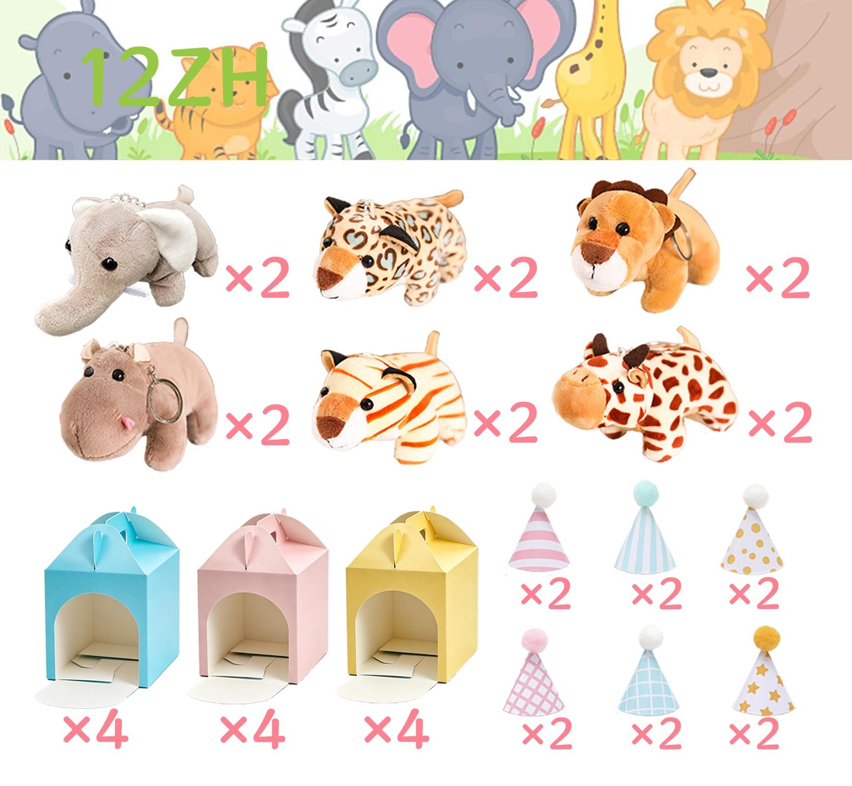 6-48 Sets Mini-Dschungeltier-Plüschtiere Safari-Stofftiere Großhandel Geburtstagshut Bunte Kraftpapier-Box Kinder-Thema Geburtstagsgeschenk