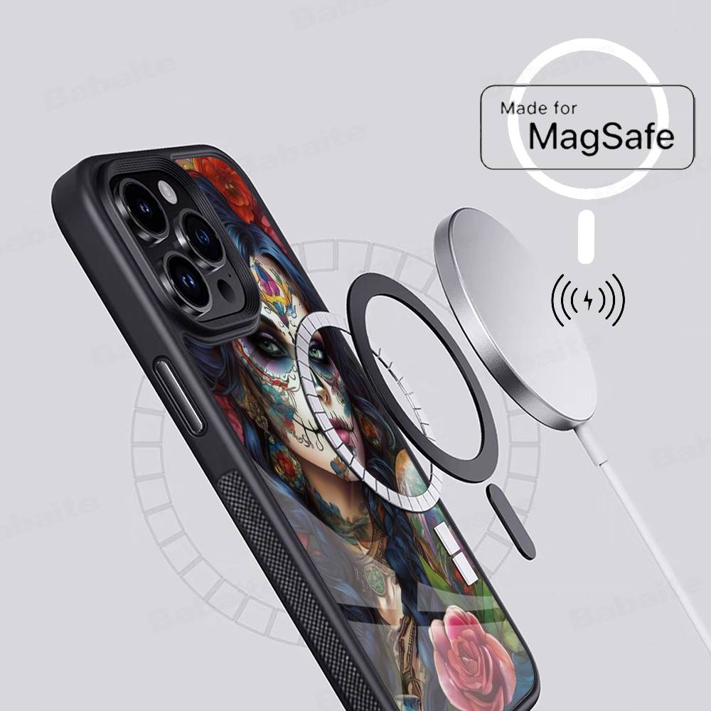 Catrina Beautiful Rose Girl Skull Phone Case Magnetic Case For iPhone 17 16 15 14 13 12 11 For Magsafe Wireless Charge Cover