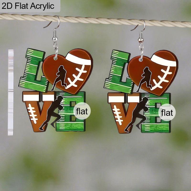 2D Flat Football Acrylic Dangle Earrings, I Love (heart) Football Design for Game Day Pro, College, High School Games