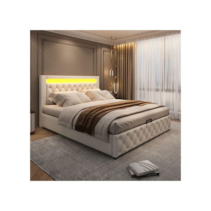 Lit Rembourré - MUVOE - 140 X 200 Cm - Éclairage LED - Rangement Intégré - Blanc