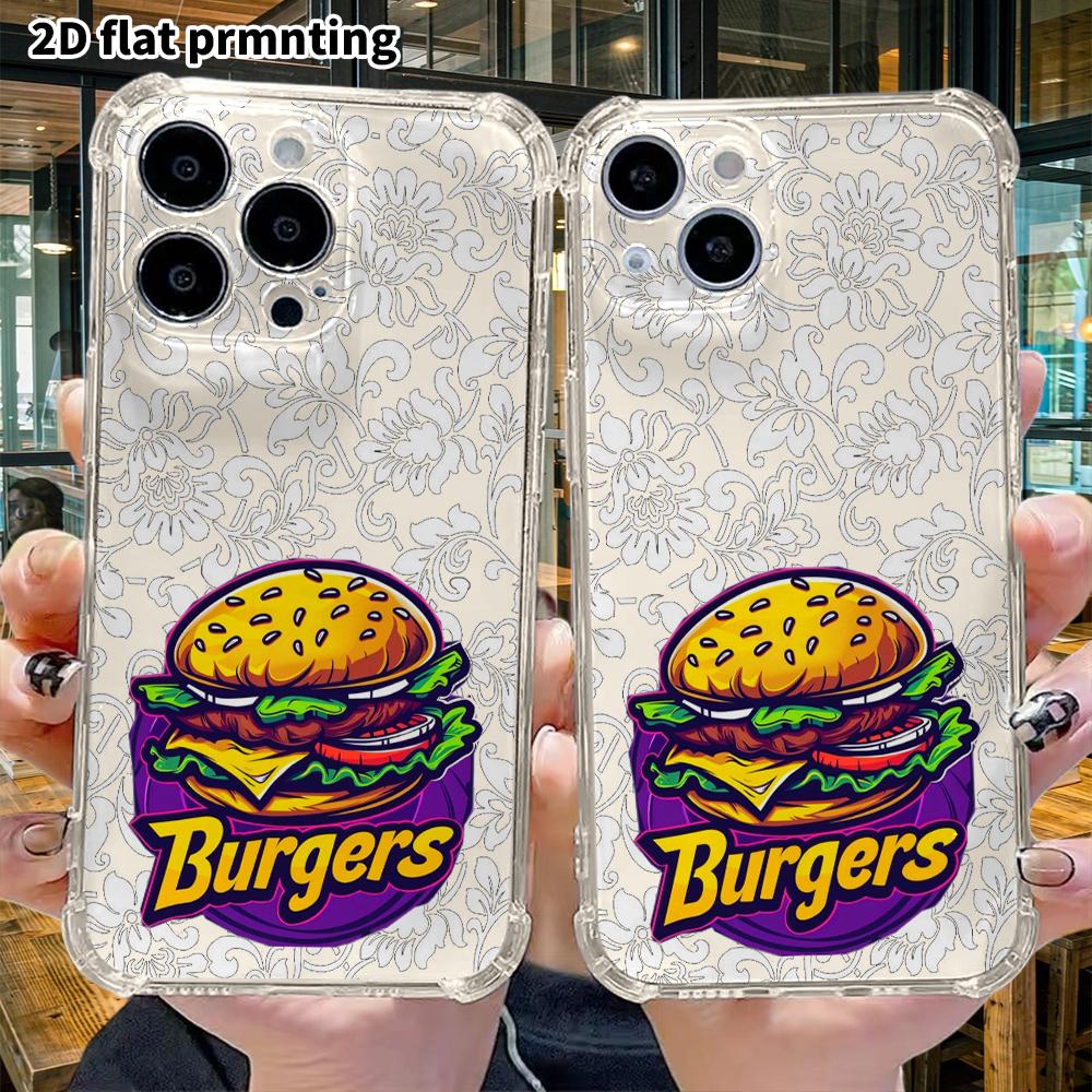 Phone Case: 2D flat suitable for iPhone 18 17 16 15 14 13 Pro transparent corner protection case, with hamburger, Christmas, and Halloween gifts