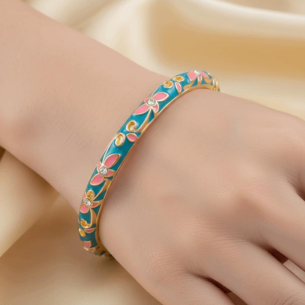Exquisite Painting Enamel Flower Bangle Lightweight Metal Rhinestone Thin Bracelet Beach Vacation