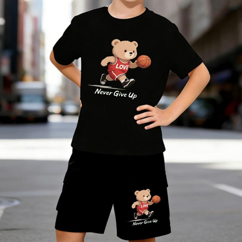 

Boys 2 Piece Cartoon Bear Print Outfit, Short Sleeve T-Shirt and Shorts Set for Kids Age 5-14,Black and White Sporty Casual Summer Clothes 5-6 Years чёрный