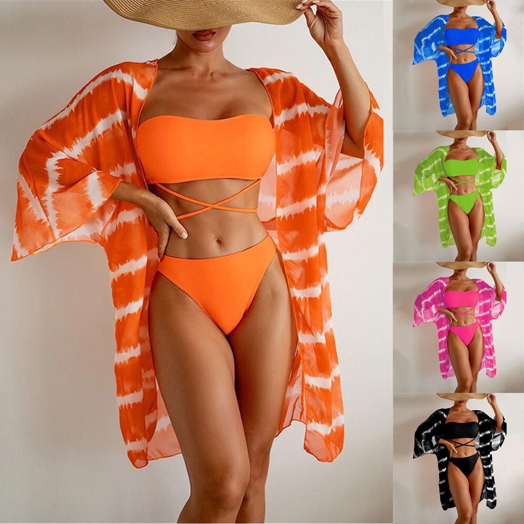 Women's Fashion Swimwear Three Piece Set Bandeau Bikini with Chiffon Cover Up Beachwear Summer Swim Suit