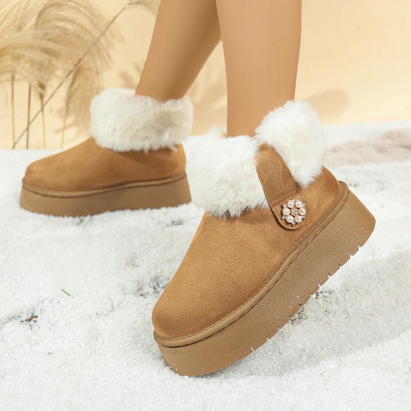 Furry Soft Thick Bottom Snow Boots Women 2025 Winter Warm Fluffy Fur Ankle Boots with Platform Pearl Decoration Designer Shoes