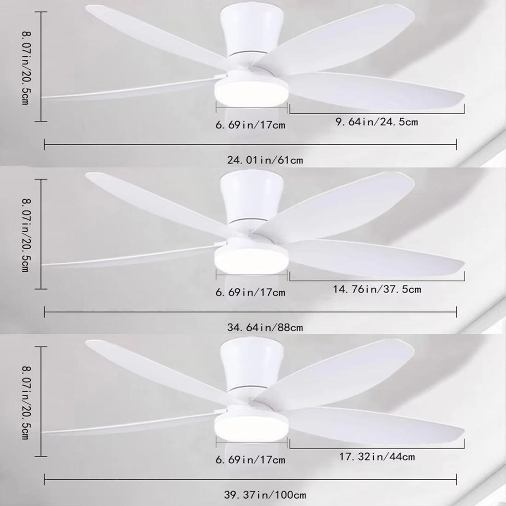 Low-profile ceiling fan with light and remote control, dimmable and silent, suitable for bedrooms and kitchens.