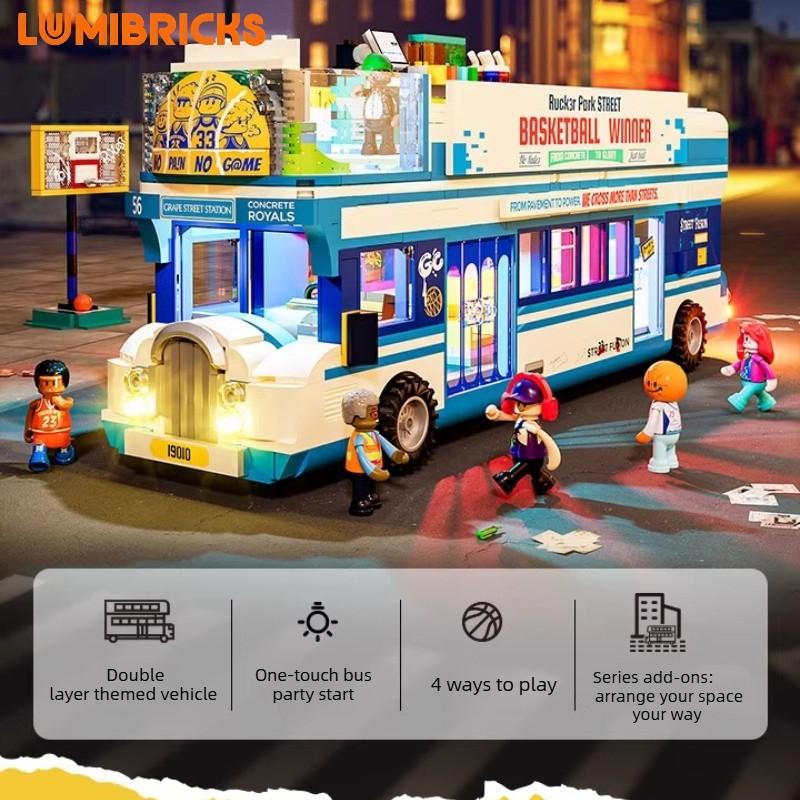 American Style Streetball Bus Building Blocks Street View Lighting Architecture Children'S Assembly Toy Models Ornaments Gifts