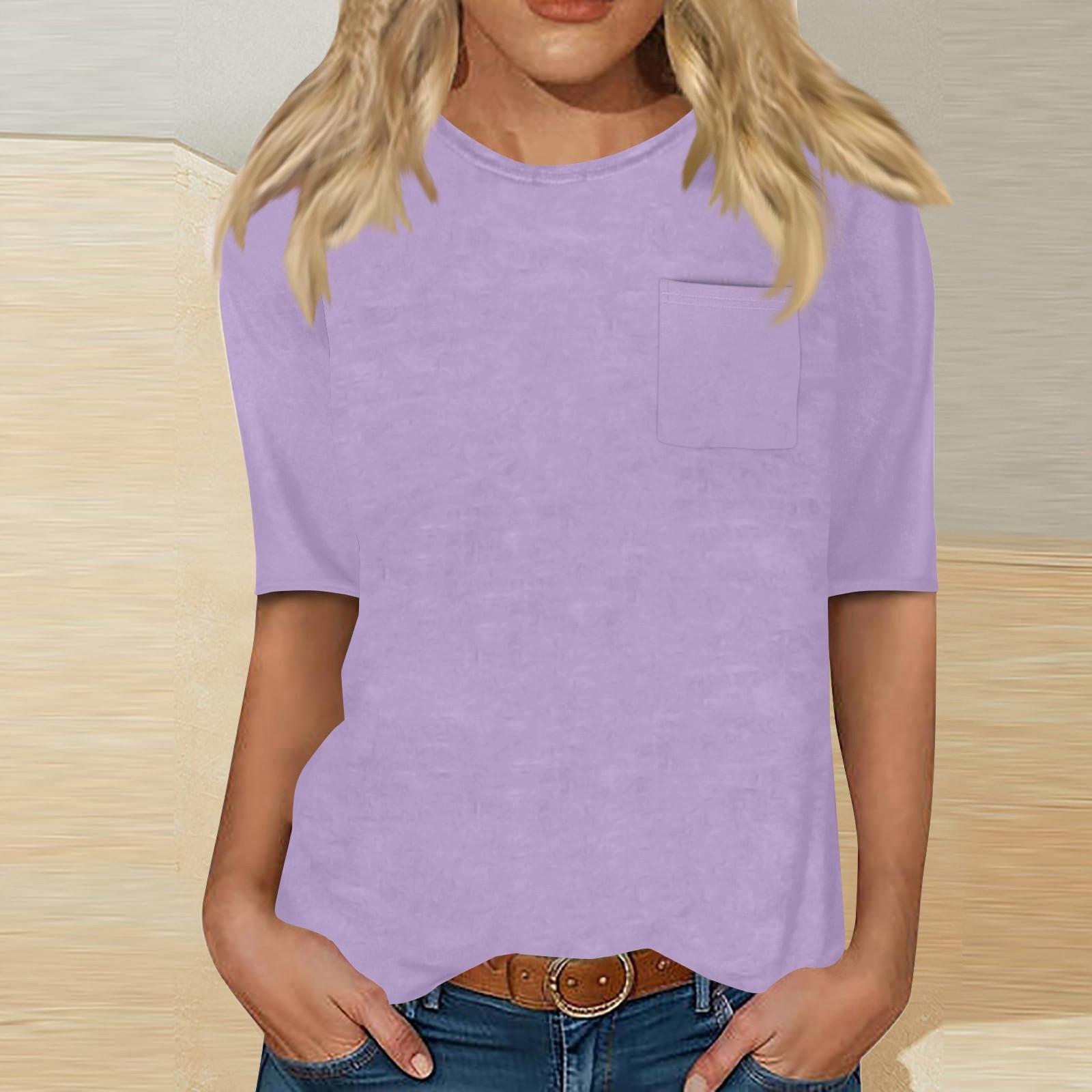 Women s Casual Daily Round-neck Mid-sleeved Color Top With Pockets XXL