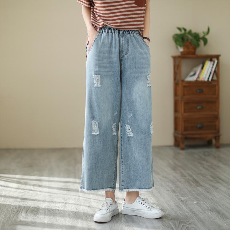 Women Jeans Denim Crop Harem Pants Embroidered Wide Leg Jeans