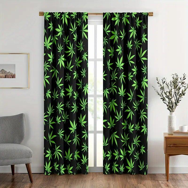 Tonnika Chen Green Leaves Print Curtains Pole Bag Home Decoration Room Curtain Set Of 2 Made Polyester Washable