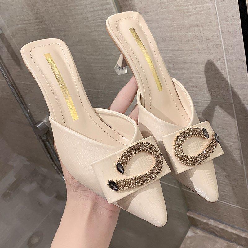 

Fashion New Style Women s Women Slippers Mules Pointed Toe Rubber Metal Chains Outsole Slides Footwear Fashion Casual Lady High Heels 35 бежевый
