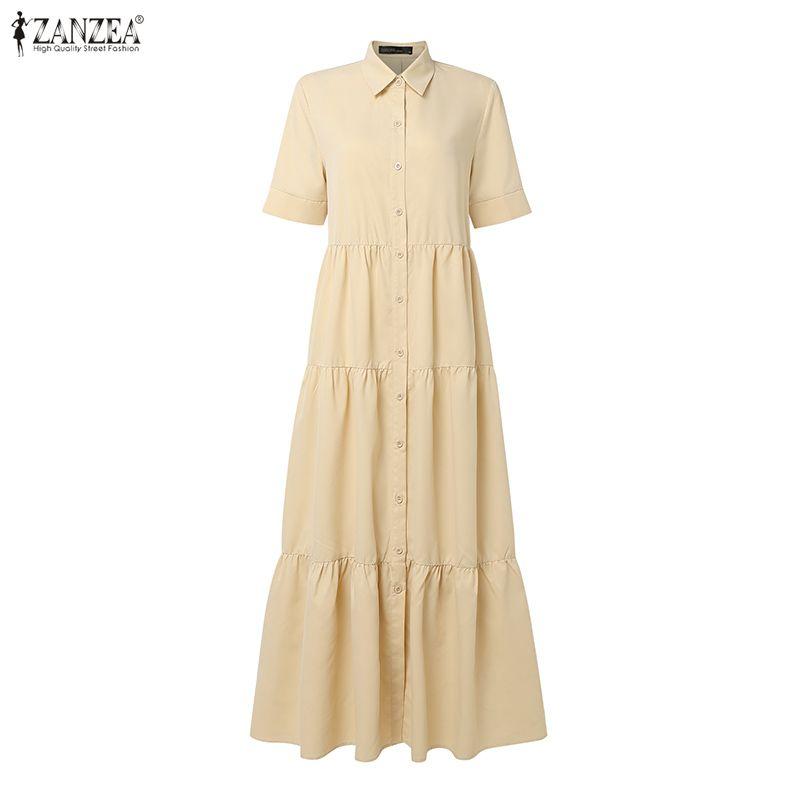 ZANZEA Women Casual Turn Down Collar Loose Short Sleeve Long Dress