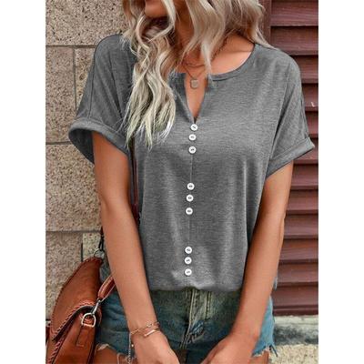 Sommer Damen T-Shirt V-Ausschnitt Knopf Kurzarm Top