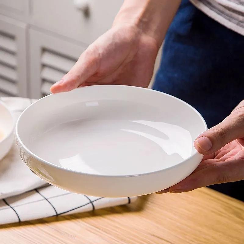 Reinweißer Teller, vertiefter Teller, Keramik, für den Haushalt, Mikrowelle, verwendbar, Teller, Scheibe, Tangshan-Keramik