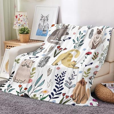 Cute Cat & Floral Pattern Fannel Blanket Warm Soft Throw Blanket for Couch Bed Living Room Home Decor Pet Lover Gift Blankets