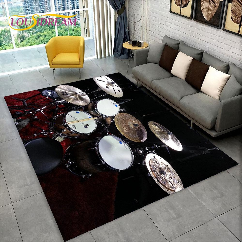 Teppich mit 3D-Schlagzeug-Musikinstrumenten, groß, Teppich für Wohnzimmer, Schlafzimmer, Sofa, Fußmatte, Dekor, rutschfeste Bodenmatte zum Spielen für Kinder