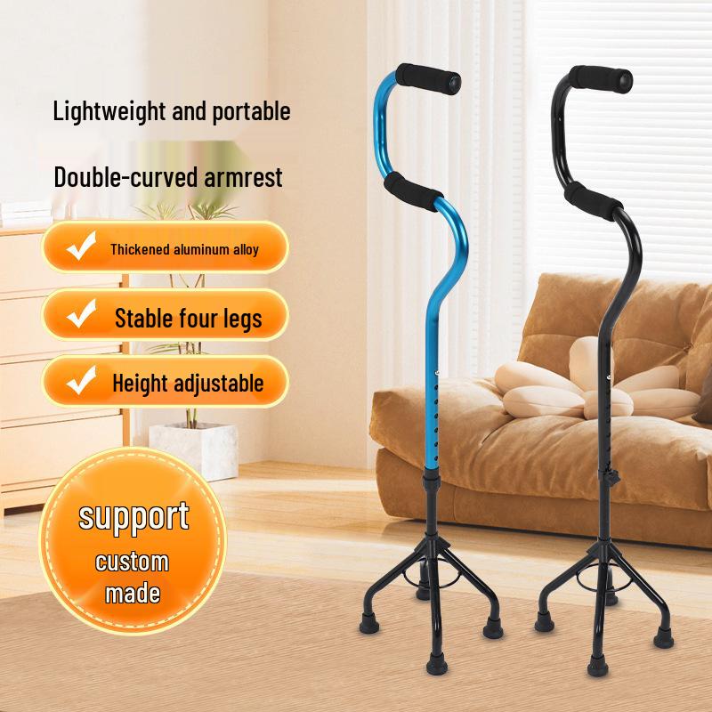 Elderly Height-Adjustable Aluminum Walking Cane with Double Bend for Outdoor Travel