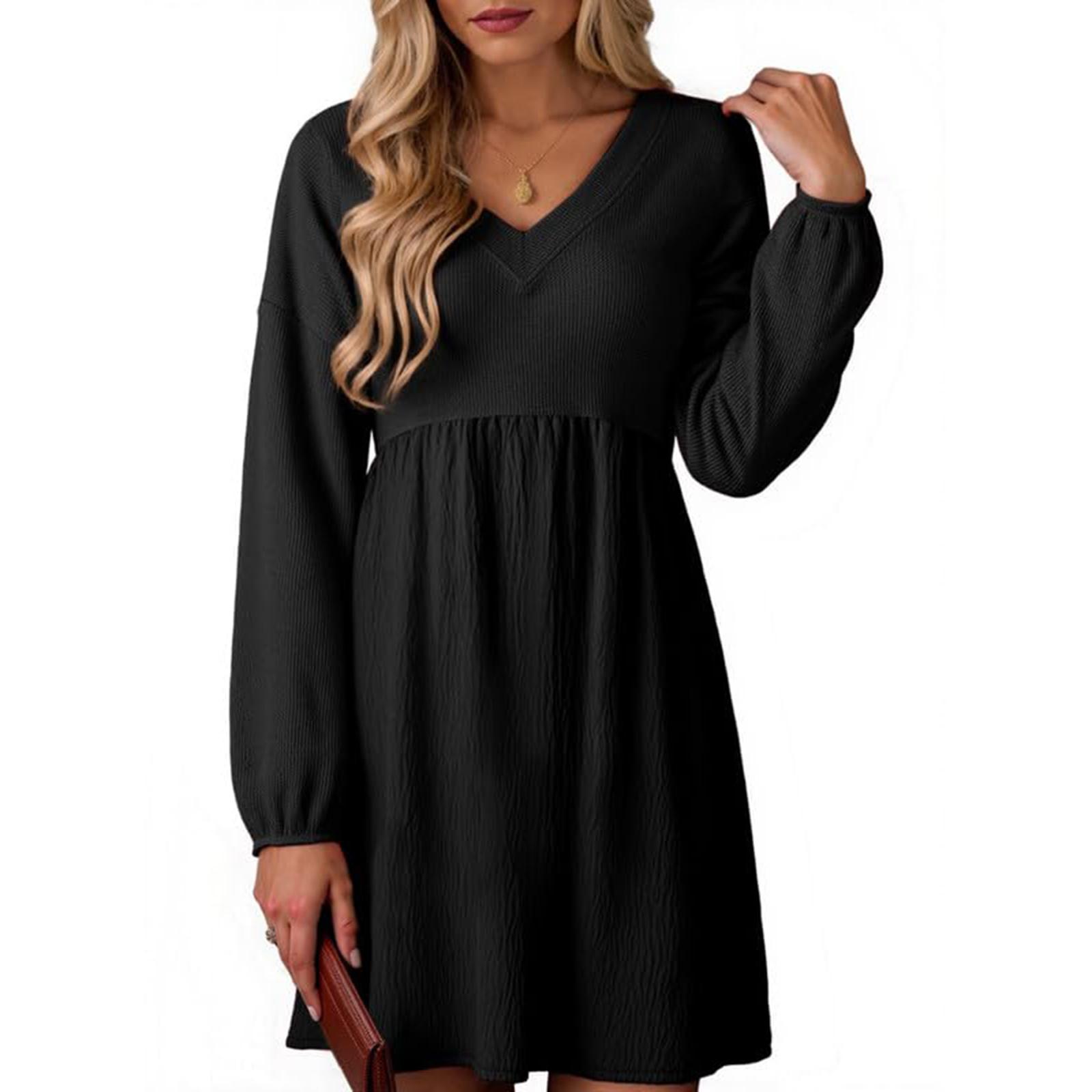 

Платья для женщин Свободное платье А-силуэта с V-образным вырезом и длинными рукавами в стиле кэжуал M чёрный