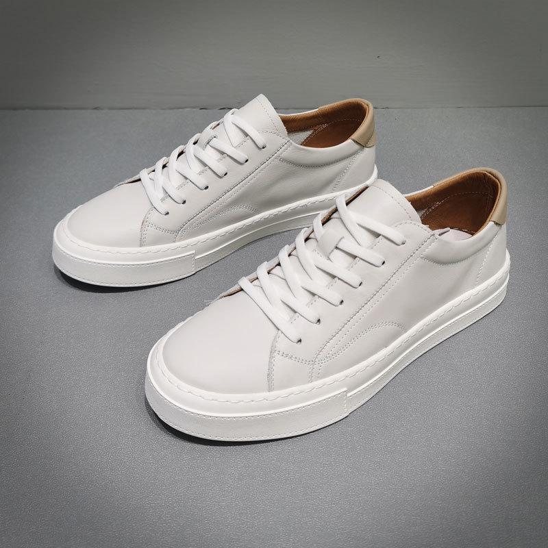 European White Shoes Men 'S Genuine Leather Trend Casual Shoes Low -Top Lace -Up Sneakers Full Leather Men 'S Shoes Fashion Sneakers
