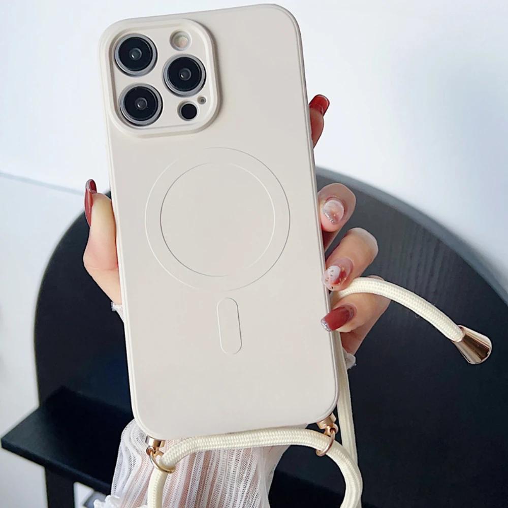 

Чехол-шнурок через плечо из жидкого силикона с магнитной вставкой для iPhone 16 15 Pro Max 14 13 12, ожерелье, чехол для беспроводной зарядки MagSafe iphone14 белый