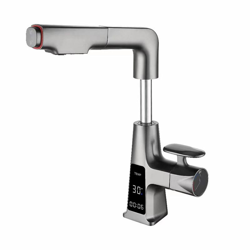 LED Digital Display Lift Pull Out Bathroom Basin Faucet Gray Brass Multifunctional Hair Wash Mouthwash Hot And Cold Mixed Tap