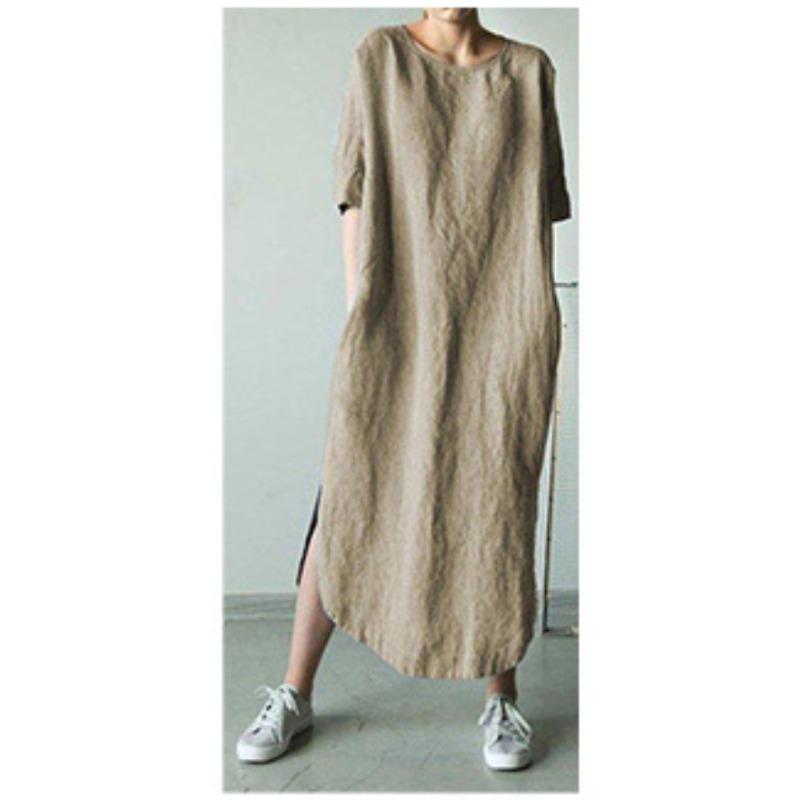 Crew neck half sleeve solid color side split mid calf dress short sleeve elegant S хаки
