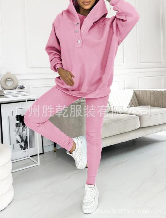 1116 European and American new women's clothing sports and leisure hooded pocket sweater threaded slim trousers set