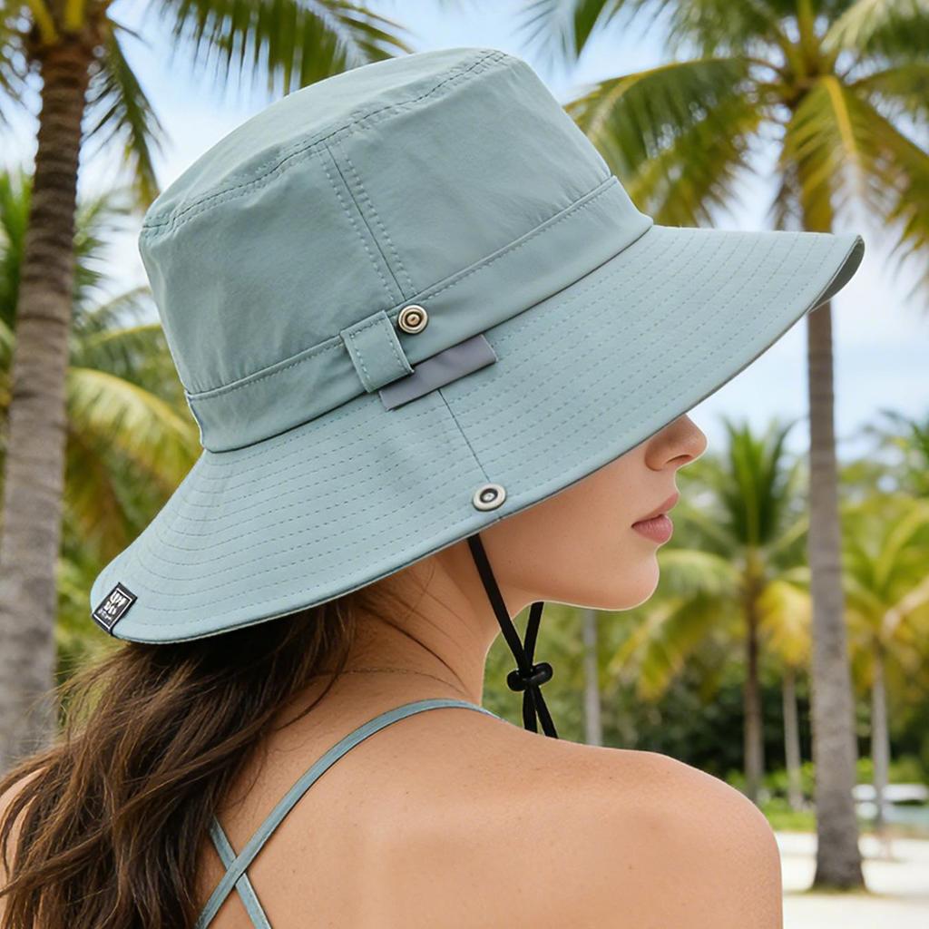 Chapeau seau de protection solaire avec mentonnière coupe-vent, Chapeau de pêche d'extérieur à large bord pour hommes femmes