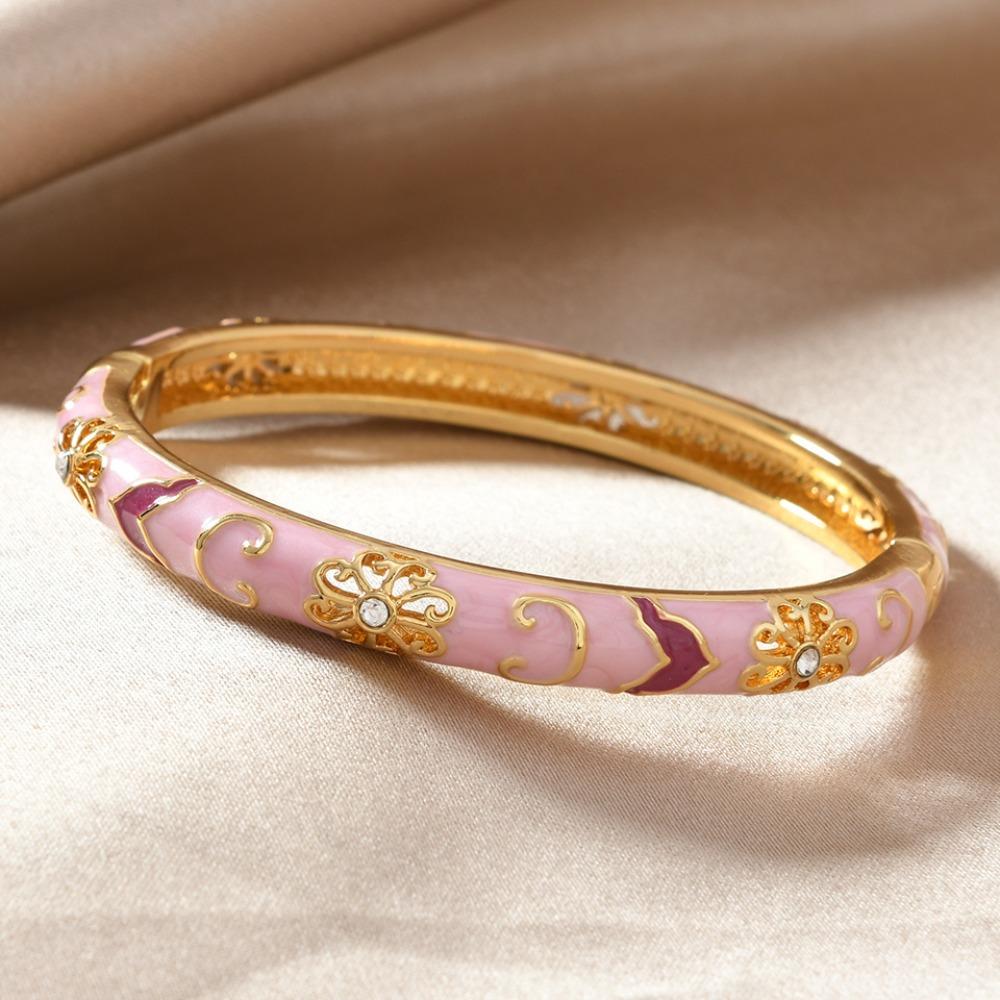 Stile Etnico Lusso Colore Oro Smalto Multicolor Fiore Zircone Bracciale rigido per Donna Fascino Sposa Bracciale a manetta Gioielli Bohemienne Regalo