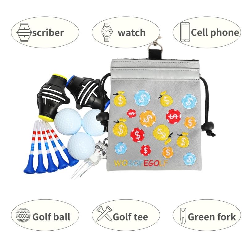 Drawstring Golf Bag Golf Tees Pouch with Clip Golf Tees Storage Bag Golf Accessories Golf Valuables Pouch