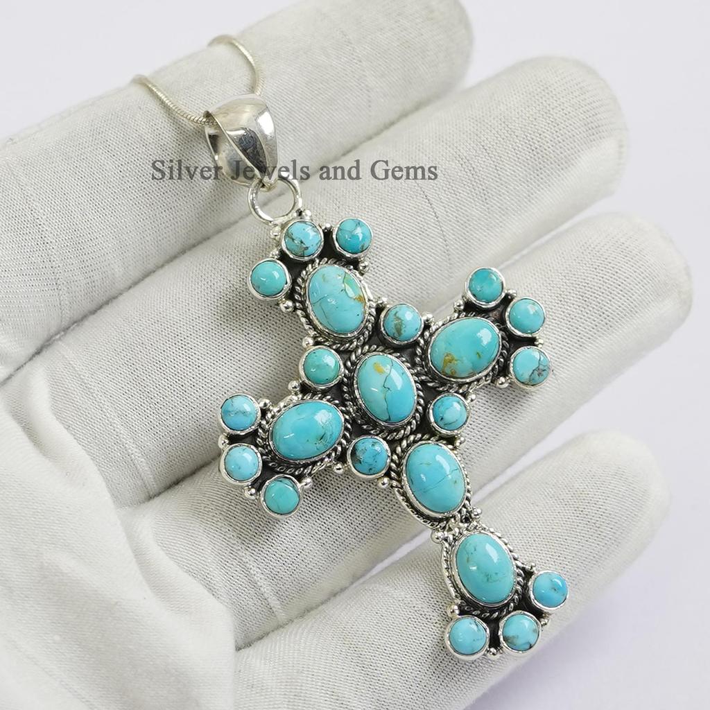 Turquoise Cross Pendant ,Blue Kingman Turquoise Multi Stone Pendant, Wedding Pendant, 925 Sterling Silver Pendant, Gemstone Pendant