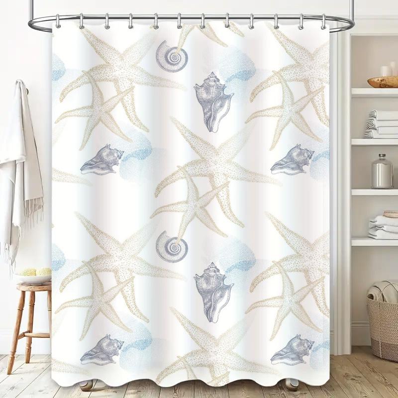Zasłona Prysznicowa Fale Oceanu Muszelki Drukowana 3D Wodoodporna Tkanina do Dekoracji Łazienki w Kolorze Biało-Niebieskim Zestaw