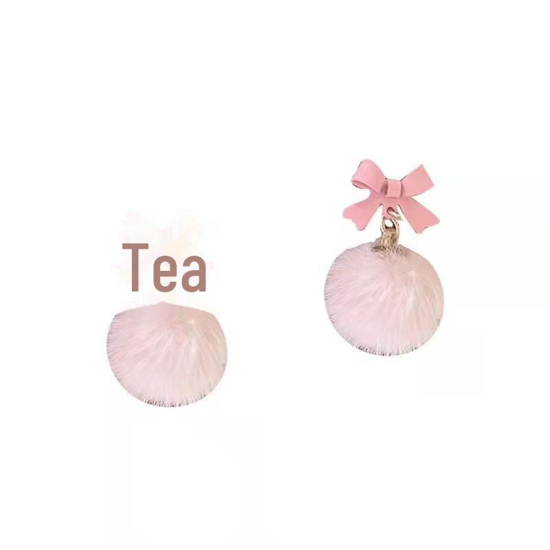 Eleganckie jesienno-zimowe kolczyki kokardki ze srebra S925 z pluszową kulką - styl japoński i koreański