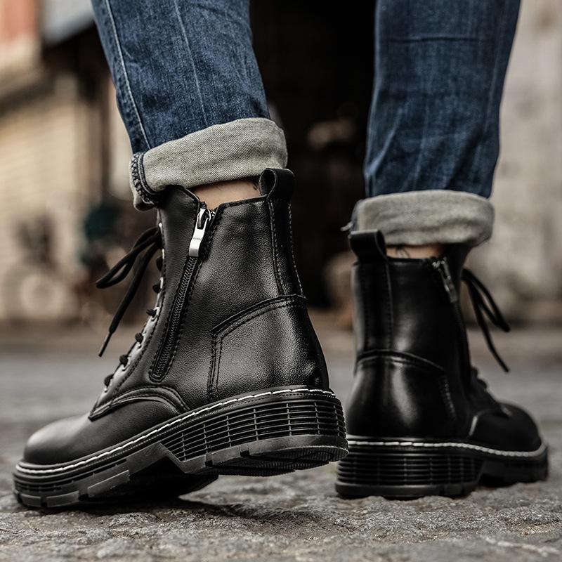 Autumn and winter 2025 new large size Martin men's leather tooling boots side zipper leather boots velvet warm men's shoes