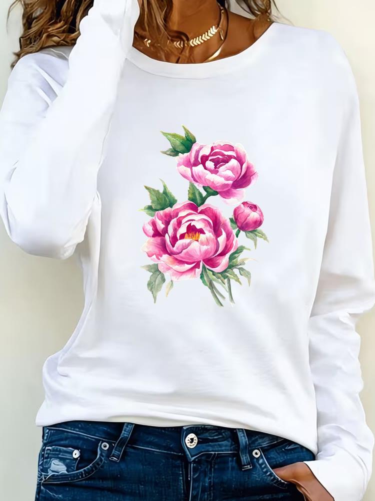 (Asian Size) Love Heart Watercolor Trend Tee Lady Printed O-neck Long Sleeve T Shirt Women Female Clothing Casual Fashion Top Graphic T-shirts