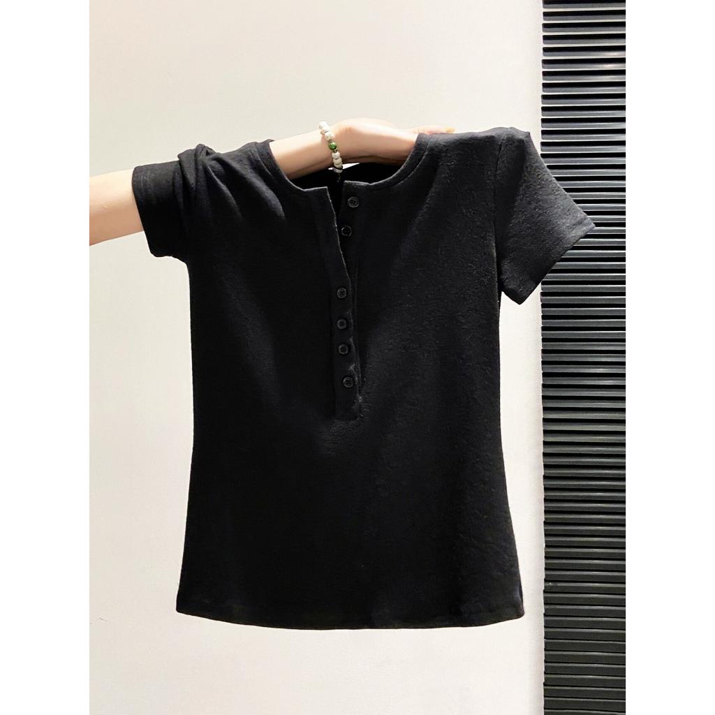 Temperament Premium Button V-neck Front Shoulder Short-sleeved Women's Henry Collar Bottoming Top Summer Temperament Thin Breathable T-shirt