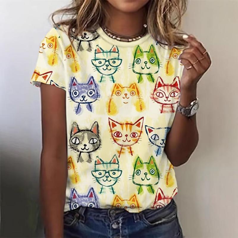 Summer women's dog cartoon animal round neck short sleeved T-shirt