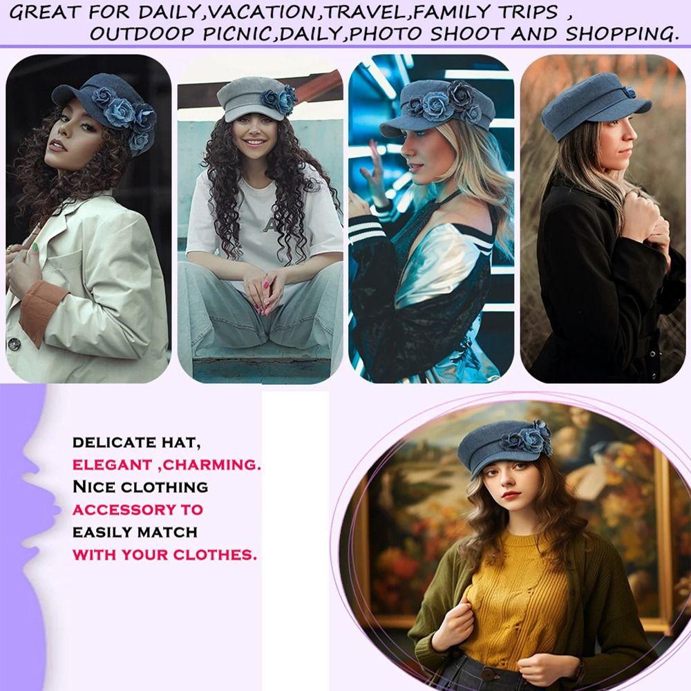 Adjustable Flower Flat Top Hat Artistic Painter Caps Trendy Denim Camellia Beret Hat  Travel