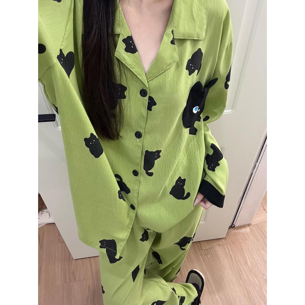 Damen Wolkenbaumwoll-Pyjama: Frühling/Herbst Langarm Revers Set mit Langer Hose - Original Lockerer Schnitt.