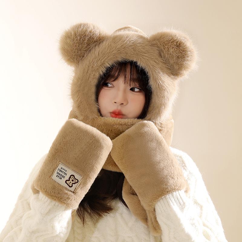 Women's Cozy Fox Ear Plush Hat with Integrated Scarf - Warm, Soft Lei Feng Design for Autumn and Winter. Perfect Ear Protection for Students.