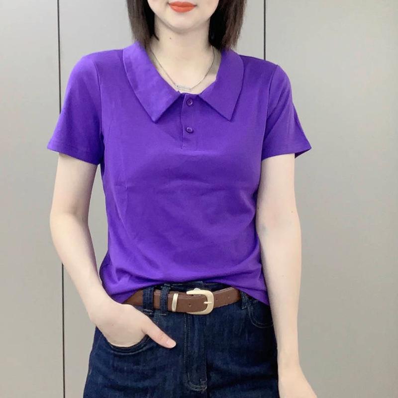 2024 Women's Summer Polo Collar Slimming Casual Korean Style Short Sleeve Top