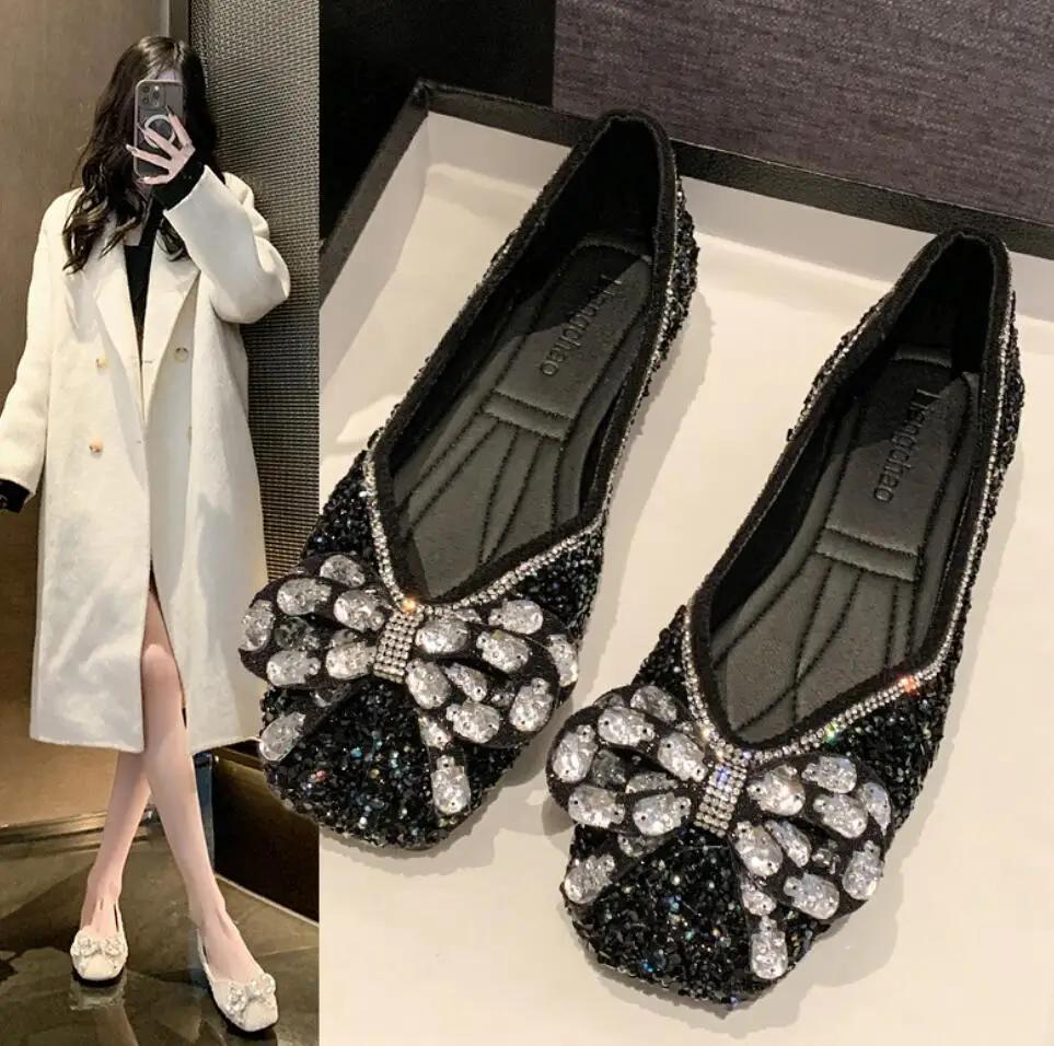 2024 Spring Woman Elegant Square Toe Sequins Kawaii Ballet Flats Designer Luxury Mary Jane Female Shoes Party Shoes