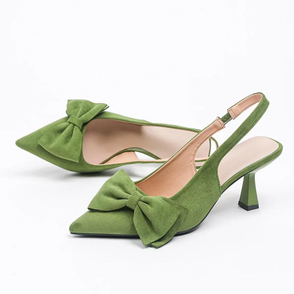 Flannel Bowknot Pointed Toe Sandals Women Fashion Elegant Dress Shoes Comfort Shallow Slingback High Heels Mules Pumps Femme