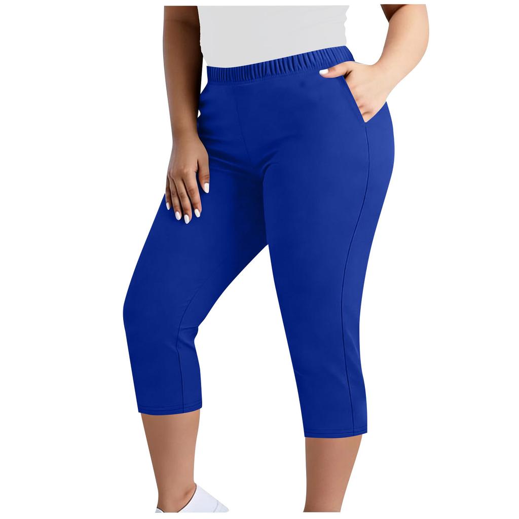 Pantaloni Capri elasticizzati taglie forti da donna con elastico in vita e tasche, pantaloni cropped comodi per l'uso quotidiano